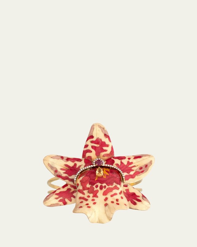 18K Yellow Gold White and Pink Marquetry Orchid Bracelet with Diamonds, Ruby and Pink Tourmaline